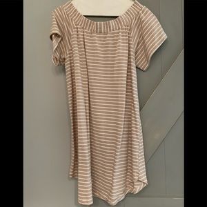 Off the shoulder tan and white stripe dress